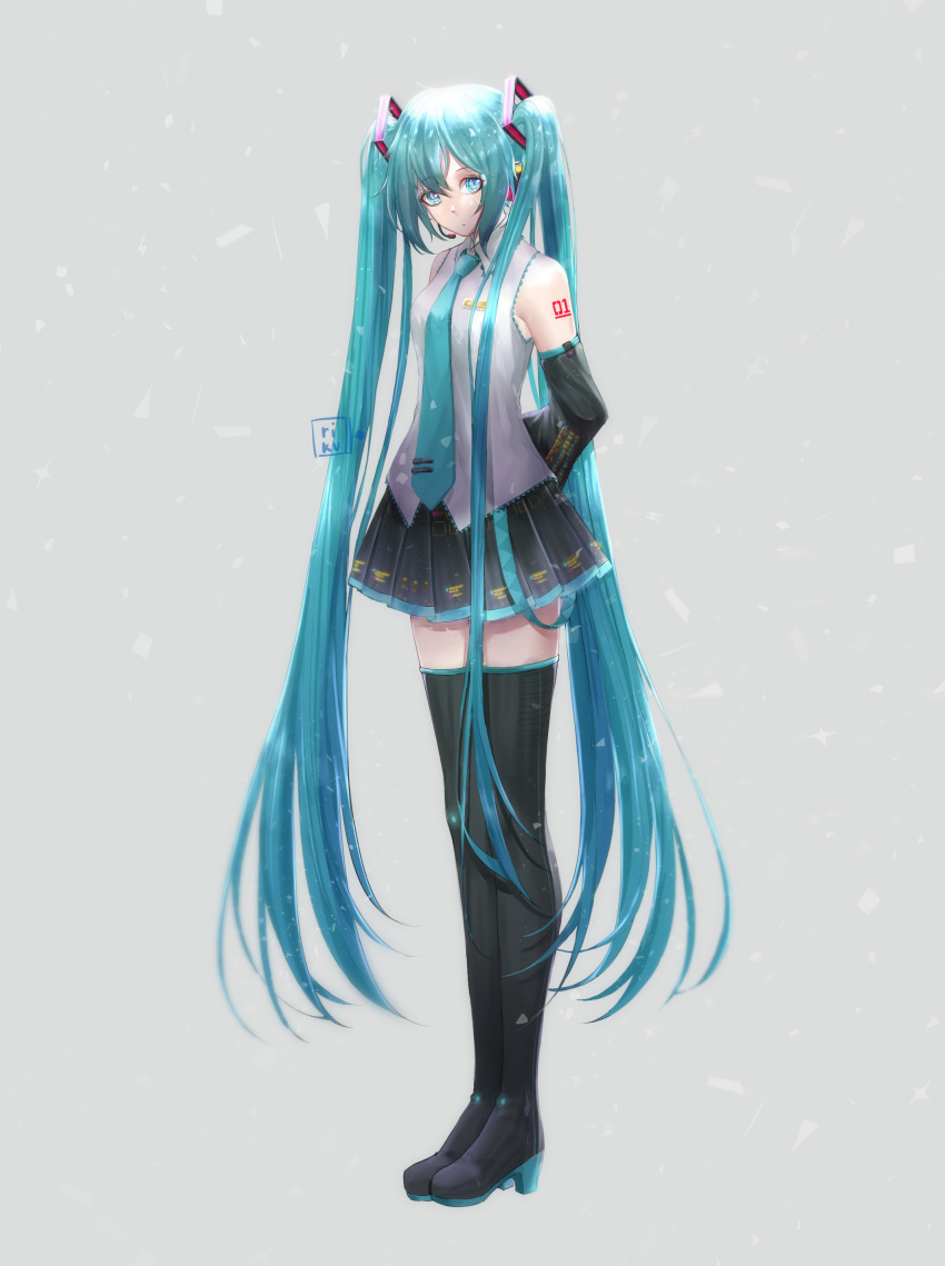 1girl absurdres arms_behind_back artist_name bangs black_footwear black_legwear black_skirt blue_eyes blue_hair blue_neckwear boots closed_mouth collared_shirt commentary detached_sleeves eyebrows_visible_through_hair full_body grey_background grey_shirt hatsune_miku headset high_heel_boots high_heels highres legs_together long_hair looking_at_viewer necktie pleated_skirt riku_taru shards shirt shoulder_tattoo sidelocks skirt sleeveless sleeveless_shirt solo standing tattoo thigh-highs thigh_boots twintails very_long_hair vocaloid wing_collar zettai_ryouiki