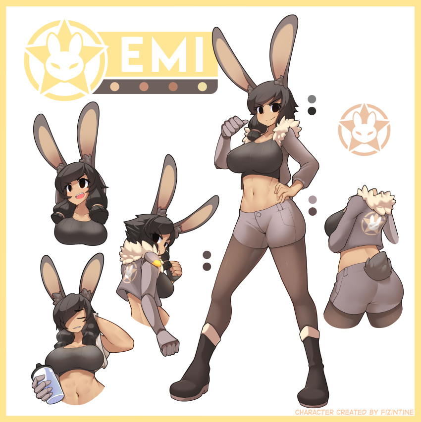 1girl abs absurdres animal_ears artist_name ass bangs black_footwear black_legwear boots bottle breasts bunny_girl bunny_tail character_name closed_eyes closed_mouth collarbone crop_top emi_(fizintine) eyebrows_visible_through_hair facing_viewer fizintine full_body fur-trimmed_jacket fur_trim hand_on_hip highres holding holding_bottle jacket large_breasts long_sleeves looking_at_viewer looking_away mechanical_arm open_mouth original pantyhose pointing pointing_at_self rabbit_ears short_hair short_shorts shorts smile solo swept_bangs tail tall_female tan upper_body water_bottle