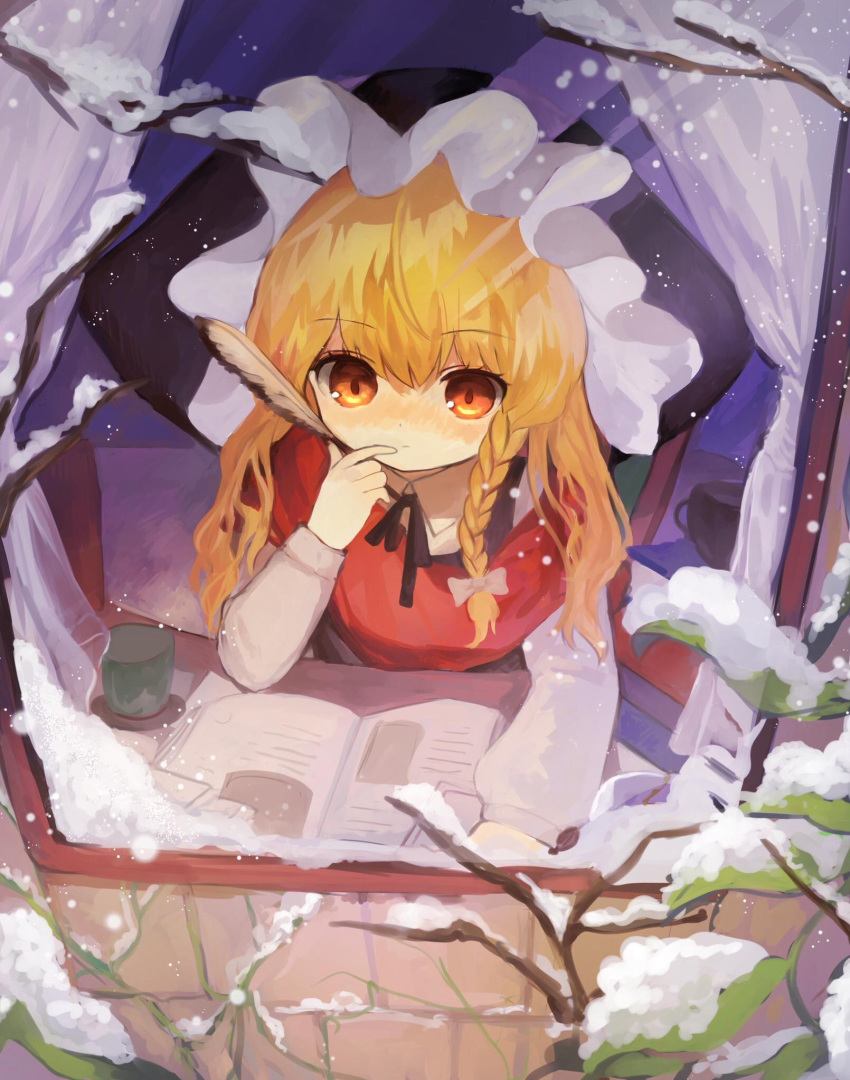1girl black_headwear black_neckwear black_vest blonde_hair book braid branch commentary_request cup hand_up hat highres holding holding_quill indoors kirisame_marisa long_hair long_sleeves neck_ribbon quill reading red_scarf ribbon scarf shirt shoudoku_taishi_(taishi) single_braid sitting snow solo thinking touhou vest white_shirt window winter witch_hat yellow_eyes