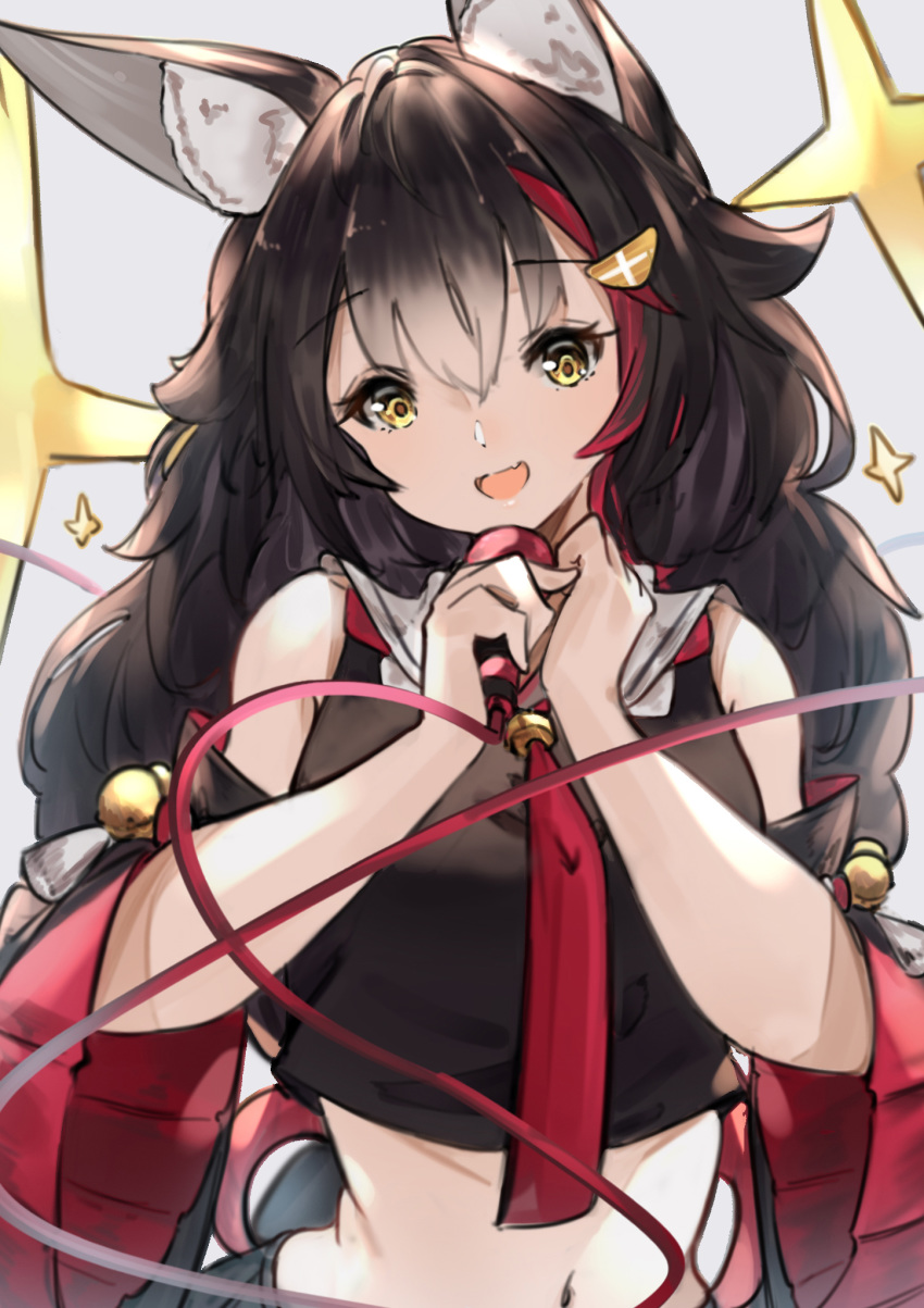 1girl :d animal_ear_fluff animal_ears bell black_hair breasts commentary cowboy_shot crop_top detached_sleeves eyebrows_visible_through_hair eyelashes fang grey_background hair_between_eyes hair_ornament highres hololive kouhaku_nawa long_hair looking_at_viewer majo_(pastamajo) medium_breasts microphone midriff multicolored_hair navel ookami_mio open_mouth red_neckwear redhead simple_background smile solo star_(symbol) streaked_hair two-tone_hair virtual_youtuber wide_sleeves wolf_ears yellow_eyes