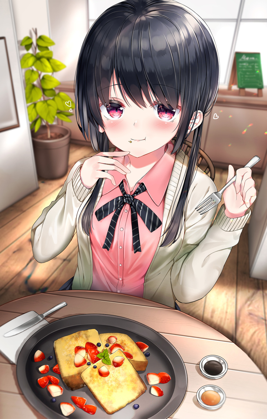 1girl :t bangs black_hair black_ribbon black_skirt breasts chair closed_mouth collared_shirt commentary_request diagonal_stripes dress_shirt eating eyebrows_visible_through_hair food food_on_face fork fruit grey_jacket hands_up heart highres holding holding_fork indoors jacket knife long_hair long_sleeves looking_at_viewer neck_ribbon neku_(neku_draw) on_chair open_clothes open_jacket original pink_shirt plant pleated_skirt potted_plant red_eyes ribbon shirt sitting skirt sleeves_past_wrists small_breasts smile solo strawberry striped table twintails upper_body window wooden_floor