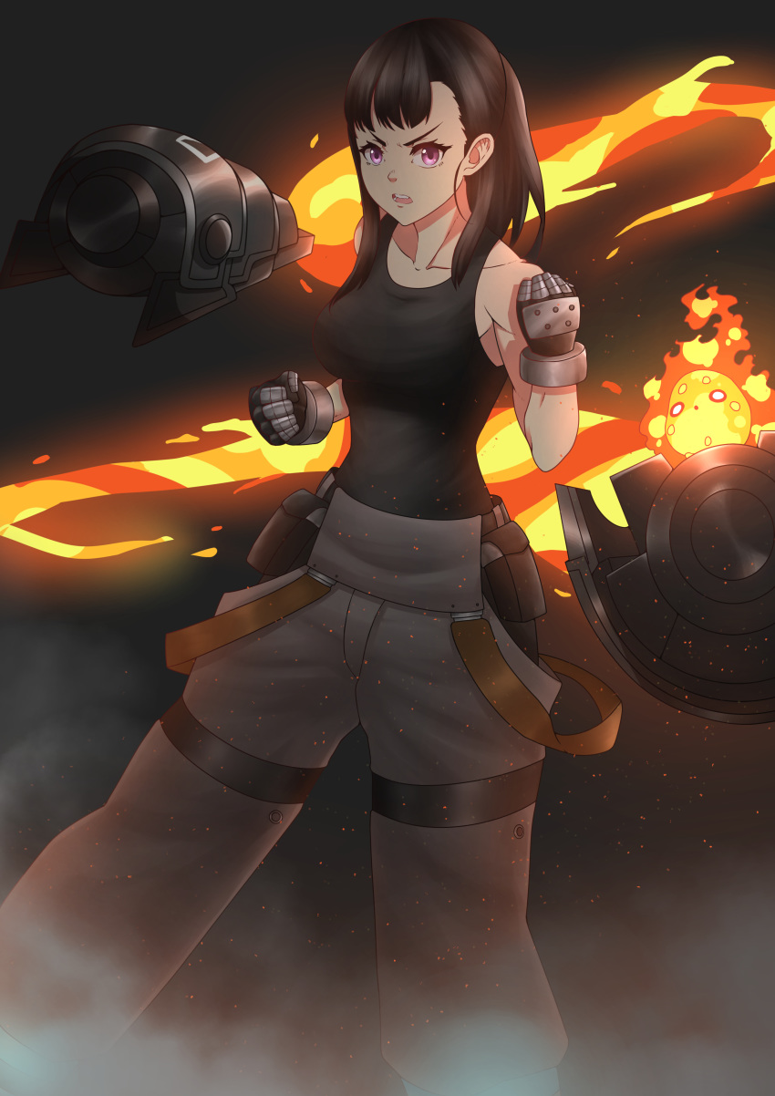 1girl absurdres angry bare_shoulders black_hair black_shirt breasts clenched_hand collarbone en'en_no_shouboutai fire gauntlets grey_pants highres large_breasts looking_at_viewer maki_oze medium_hair open_mouth pants saku_(perocopic) shirt sleeveless sleeveless_shirt solo violet_eyes weapon