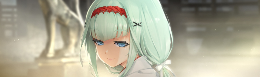 1girl bishoujo_mangekyou blue_eyes blurry blurry_background eyebrows_visible_through_hair game_cg green_hair hair_ornament hair_ribbon hairband happoubi_jin japanese_clothes light_particles looking_at_viewer looking_back low_twintails miko nanayama_moyoka non-web_source ribbon smile solo statue twintails upper_body white_ribbon x_hair_ornament