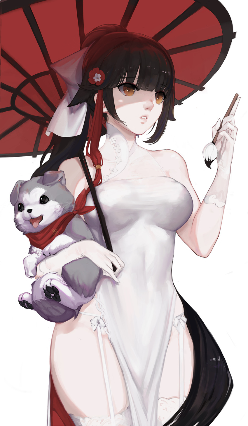 1girl azur_lane bangs bare_shoulders black_hair blunt_bangs breasts calligraphy_brush china_dress chinese_clothes cowboy_shot dog dress eyebrows_visible_through_hair flower garter_straps gloves hair_ears hair_flaps hair_flower hair_ornament highres holding holding_dog holding_umbrella long_hair medium_breasts mmmegh oriental_umbrella paintbrush parted_lips pelvic_curtain red_flower red_umbrella scarf see-through side_slit simple_background sleeveless sleeveless_dress solo takao_(azur_lane) takao_(spring_learning)_(azur_lane) taut_clothes taut_dress thigh-highs tight_dress umbrella very_long_hair white_background white_dress white_gloves wide_hips yellow_eyes