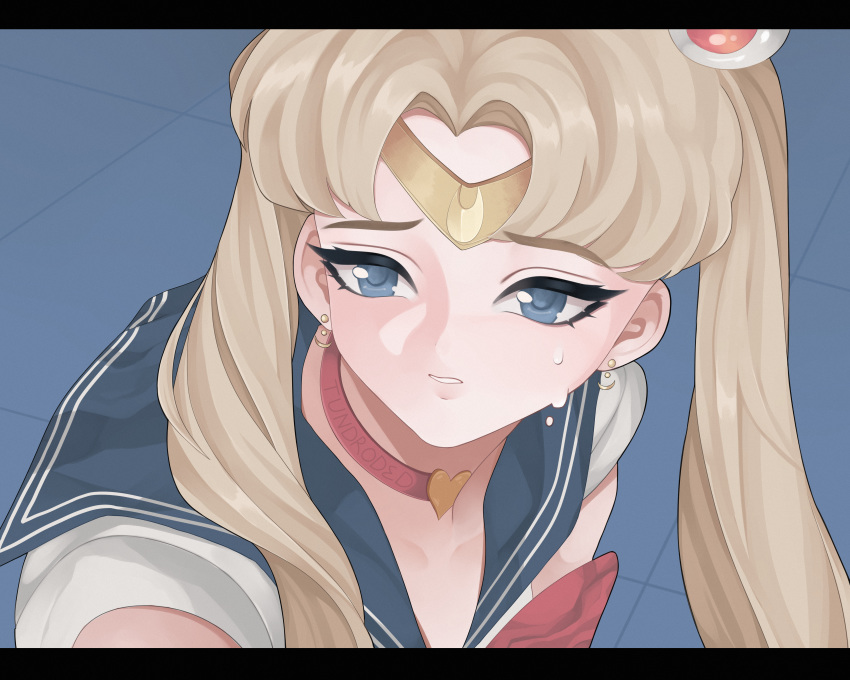1girl absurdres bishoujo_senshi_sailor_moon blonde_hair blue_eyes choker circlet collarbone dripping earrings face heart highres huge_filesize jewelry long_hair parted_lips ribbon_choker sailor_moon sailor_moon_redraw_challenge solo tears tsukino_usagi tundroded twintails upper_body