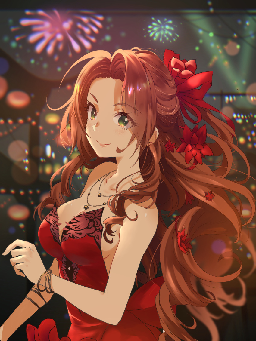 1girl absurdres aerith_gainsborough bare_shoulders bracelet brown_hair dress eyebrows_visible_through_hair final_fantasy final_fantasy_vii final_fantasy_vii_remake fireworks flower goku-chan green_eyes highres jewelry lips long_hair looking_at_viewer necklace red_dress sleeveless sleeveless_dress smile solo