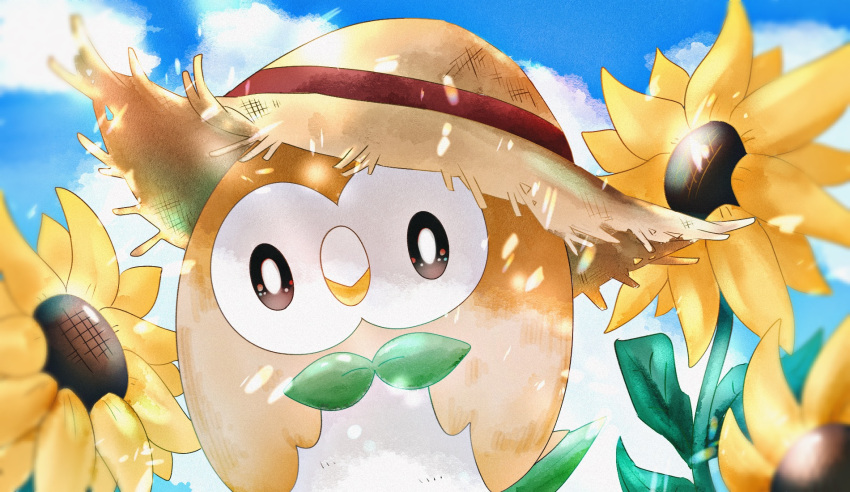 animal_focus bird black_eyes blue_sky blurry bright_pupils clothed_pokemon clouds commentary_request day depth_of_field flower hat hat_ribbon head_tilt highres looking_at_viewer no_humans outdoors pokemon pokemon_(creature) red_ribbon ribbon rowlet sky straw_hat sunflower white_pupils yellow_flower yellow_headwear ynmr_ll
