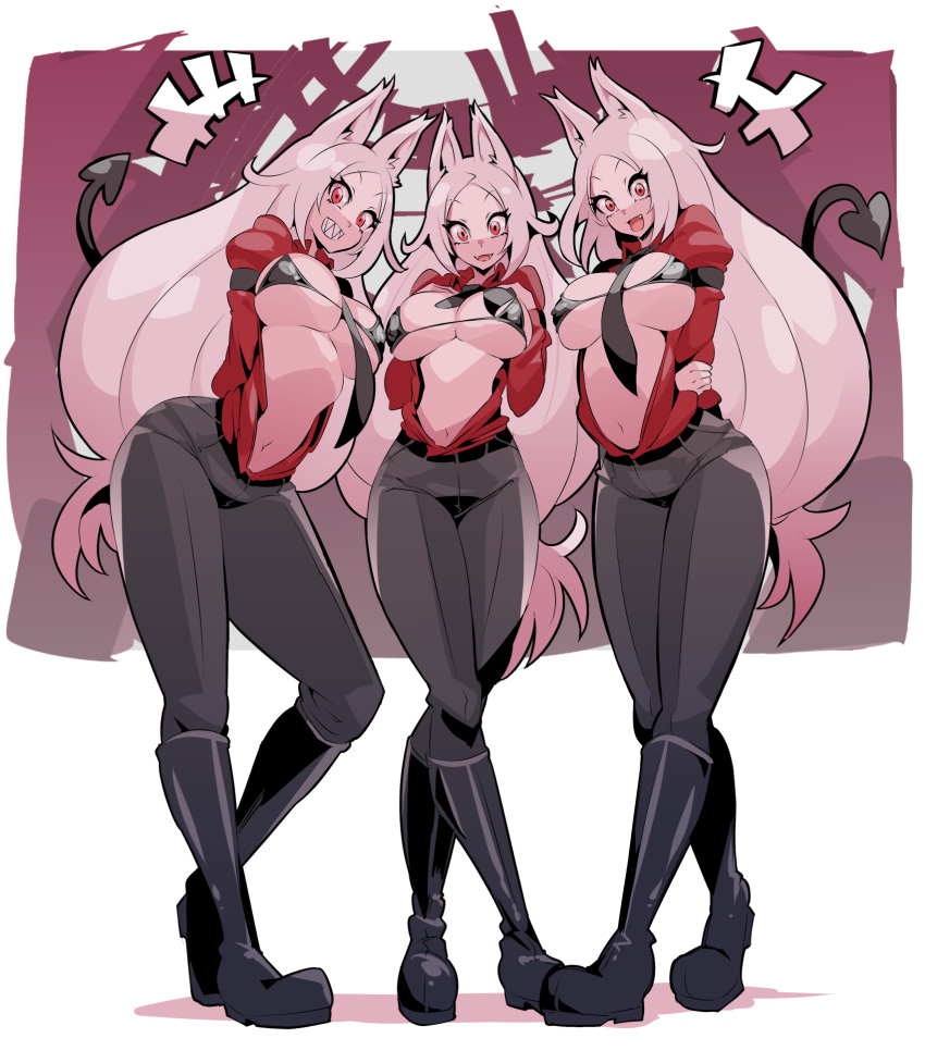 3girls :d animal_ears arms_behind_back bikini black_bikini black_footwear black_neckwear black_pants boots breasts cerberus_(helltaker) clenched_teeth commentary_request demon_girl demon_tail dog_ears dog_girl fang fangs full_body helltaker highres large_breasts long_hair looking_at_viewer micro_bikini multiple_girls nac000 navel necktie open_mouth pants red_eyes red_shirt sharp_teeth shirt smile standing swimsuit tail teeth white_hair