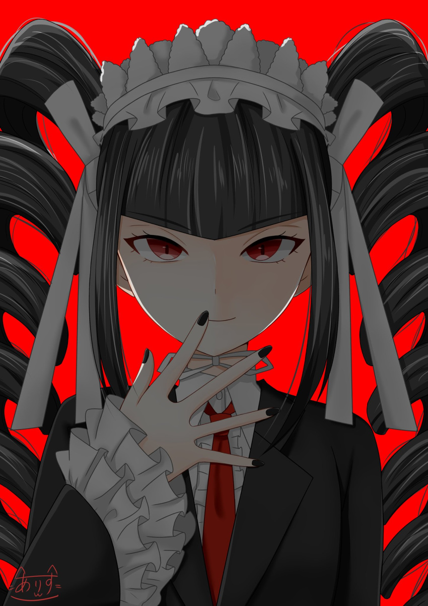 1girl black_hair black_jacket black_nails bow celestia_ludenberck commentary dangan_ronpa dangan_ronpa_1 drill_hair frilled_sleeves frills gothic_lolita hair_bow hand_to_own_mouth highres jacket lolita_fashion long_hair necktie outstretched_hand portrait red_background red_eyes signature simple_background smug solo sonodaarisu0731 very_long_hair