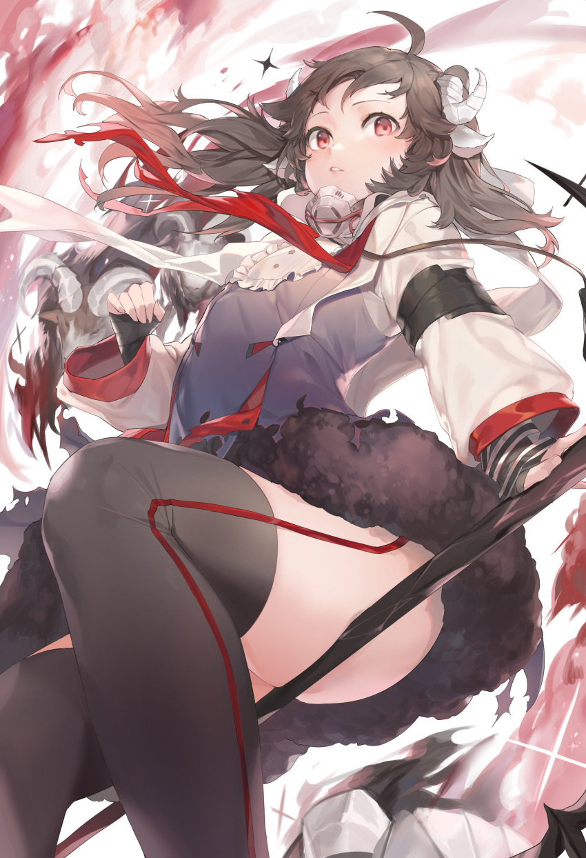 1girl absurdres animal_ears arknights ass black_legwear brown_hair curled_horns dress eyjafjalla_(arknights) from_below highres horns jam_(nandade) long_hair long_sleeves looking_at_viewer parted_lips red_eyes sheep_ears sheep_horns sitting solo sparkle staff thigh-highs thighs very_long_hair wind