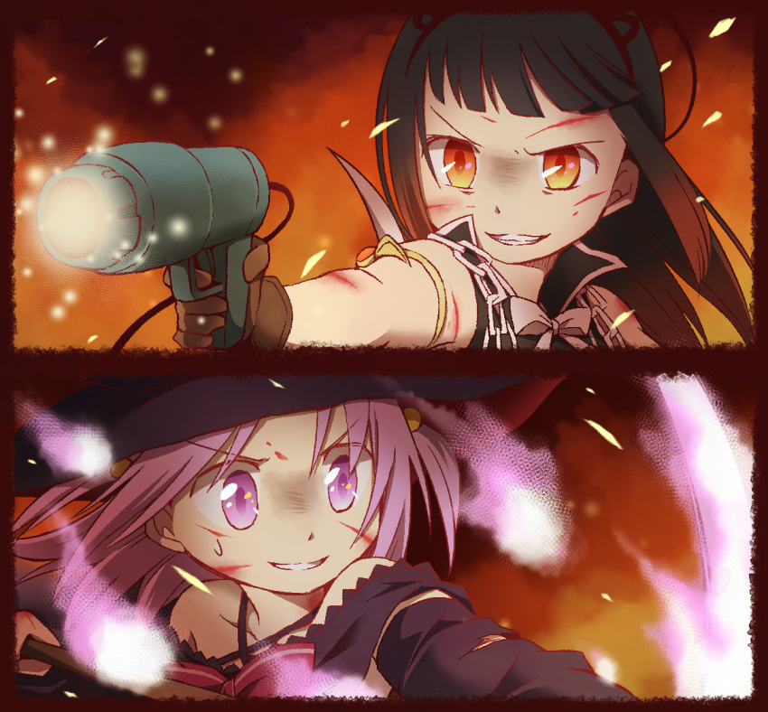 2girls anmitsu_(magenta) bangs black_cape black_hair black_headwear black_shirt blunt_bangs blush bow cape fire flamethrower gem gradient_hair grin hair_bobbles hair_ornament hair_rings hat injury magia_record:_mahou_shoujo_madoka_magica_gaiden magical_girl mahou_shoujo_madoka_magica medium_hair misono_karin multicolored_hair multiple_girls ooba_juri open_mouth parted_bangs parted_hair pink_ribbon purple_hair red_eyes ribbon shirt smile star_(symbol) two_side_up violet_eyes weapon witch_hat yellow_gemstone