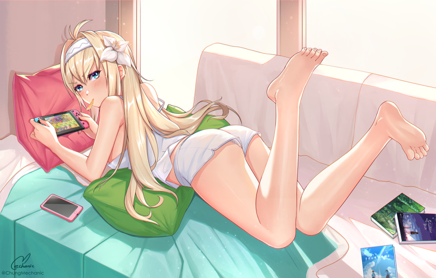 1girl ahoge ass bare_shoulders barefoot bed bedroom blonde_hair blue_eyes blush book breasts camisole cellphone chips chungmechanic feet_up flower food food_in_mouth game_console granblue_fantasy hair_between_eyes hair_flower hair_ornament hairband indoors jeanne_d'arc_(granblue_fantasy) long_hair looking_back loose_clothes lying nintendo nintendo_switch on_stomach phone pillow potato_chips short_shorts shorts sideboob smartphone strap_slip sunlight video_game white_camisole white_shorts