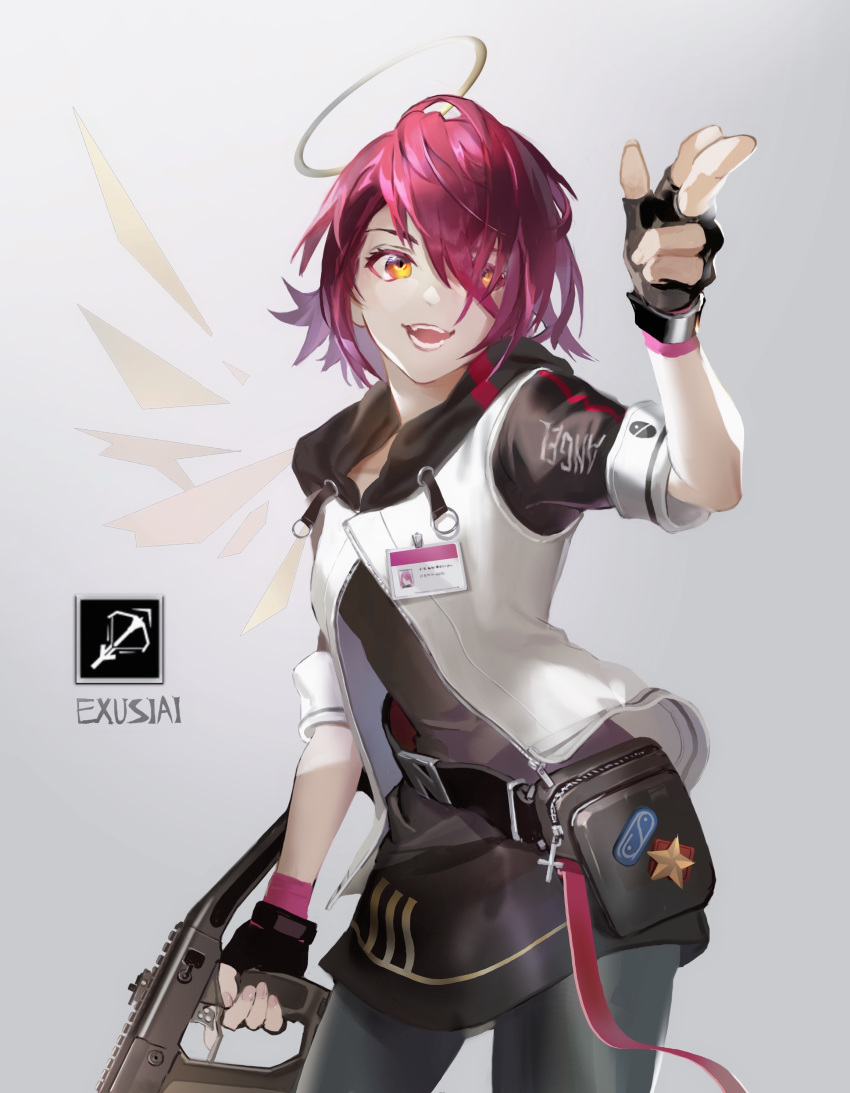 1girl :d absurdres arknights arm_up bangs belt black_belt black_gloves black_shirt brown_eyes character_name cowboy_shot exusiai_(arknights) fingerless_gloves gloves grey_background grey_legwear gun hair_over_one_eye halo highres holding holding_gun holding_weapon id_card jacket looking_at_viewer open_mouth pantyhose pohuaiwangxiang pouch raglan_sleeves redhead shirt short_hair smile solo standing weapon white_jacket
