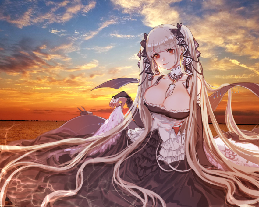 1girl :q absurdly_long_hair azur_lane bangs between_breasts black_dress blunt_bangs breasts choker dress dress_lift evening flight_deck formidable_(azur_lane) hair_ribbon large_breasts long_hair outdoors partially_submerged platinum_blonde_hair rec.07 ribbon sky solo tongue tongue_out twintails two-tone_ribbon very_long_hair