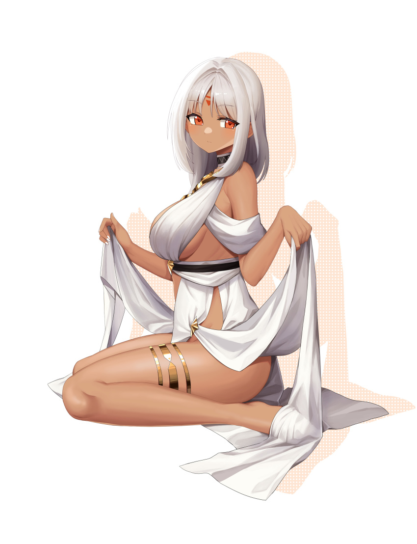 1girl absurdres azur_lane bare_shoulders blush breasts da_chu_z_jun dark_skin dress eyebrows_visible_through_hair facial_mark forehead_mark full_body halter_dress highres jewelry large_breasts lifted_by_self long_hair looking_at_viewer massachusetts_(azur_lane) massachusetts_(dressed_to_impress)_(azur_lane) native_american red_eyes sitting sleeveless sleeveless_dress solo thighlet white_background white_dress white_hair