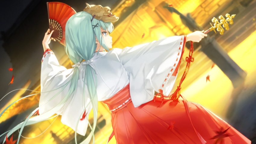 1girl architecture autumn_leaves bell bishoujo_mangekyou blue_eyes east_asian_architecture expressionless eyebrows_visible_through_hair fan folding_fan from_behind game_cg green_hair hair_ornament hair_ribbon hakama happoubi_jin holding holding_fan holding_instrument instrument japanese_clothes jingle_bell kagura_suzu kimono long_hair low_twintails mask mask_on_head miko nanayama_moyoka noh_mask non-web_source outdoors profile red_hakama ribbon ribbon-trimmed_sleeves ribbon_trim rope shimenawa shrine solo statue twintails very_long_hair white_kimono white_ribbon wide_sleeves x_hair_ornament