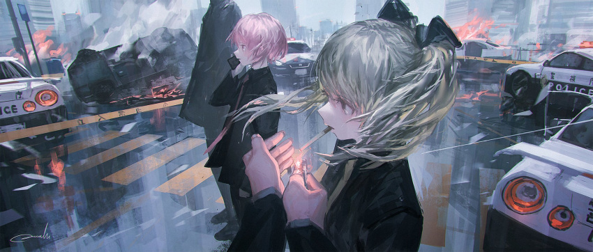 2girls black_jacket caution_tape cigarette crossover crosswalk fire hair_ribbon highres jacket lighter multiple_girls necktie nissan_gt-r original outdoors pink_hair police reoen ribbon road short_hair silver_hair talking_on_phone twintails