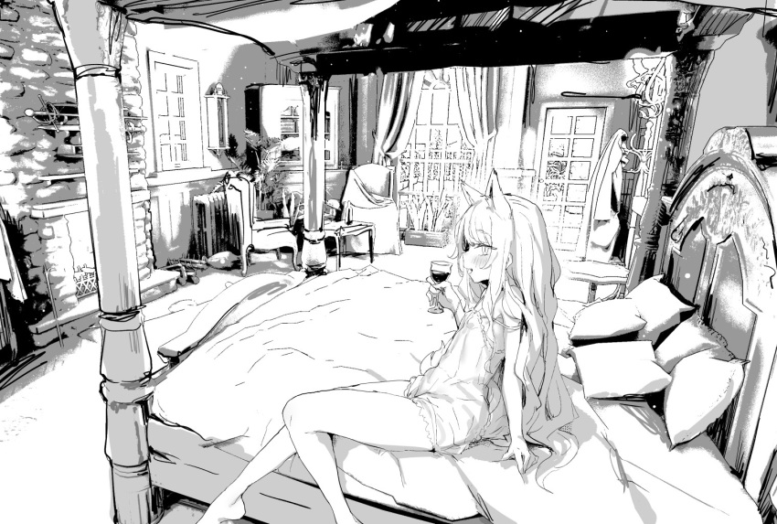 1girl :d animal_ears armchair bare_legs barefoot bed bedroom bee_(deadflow) blush canopy_bed chair commentary_request cup door drinking_glass fireplace greyscale holding holding_cup indoors long_hair looking_at_viewer looking_to_the_side monochrome negative_space nightgown open_mouth original pillow sideways_glance sitting smile solo very_long_hair wine_glass