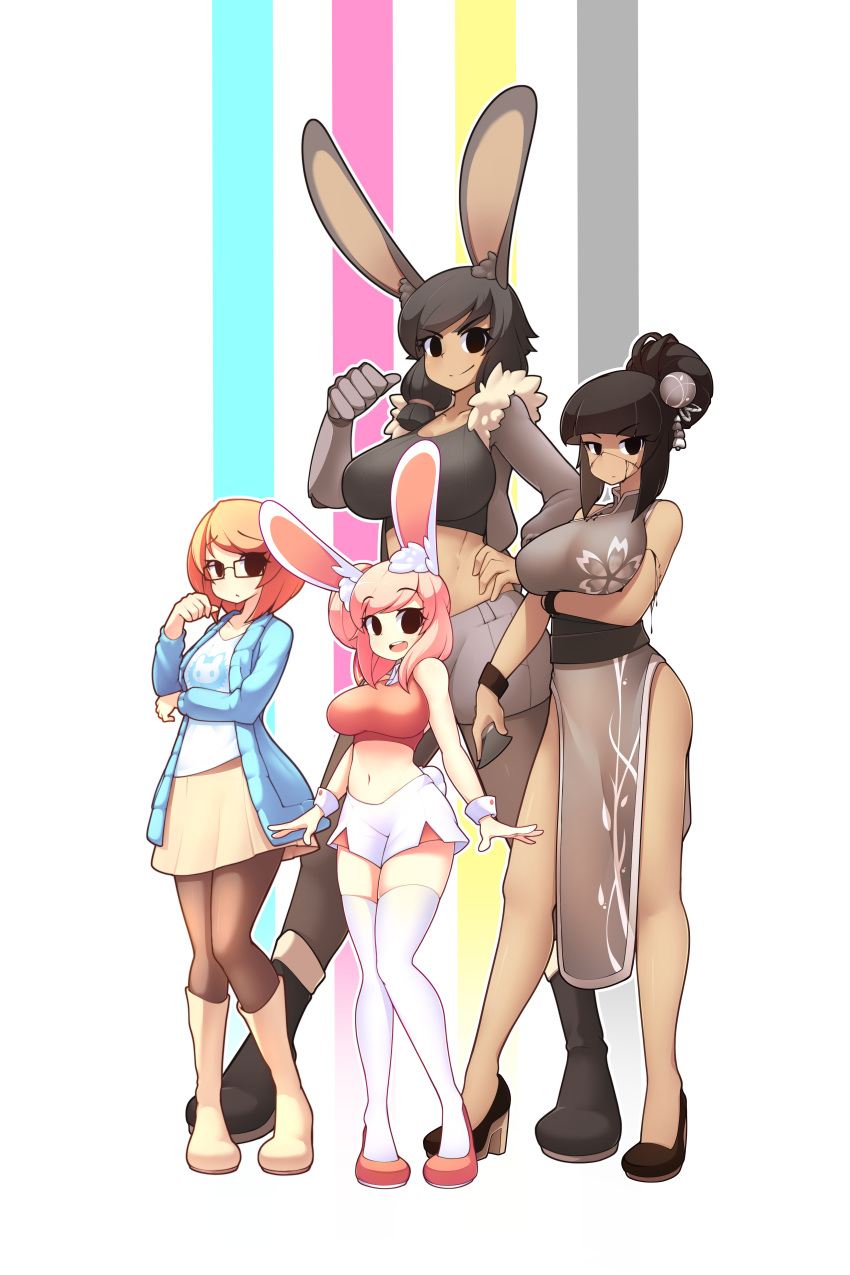 4girls abs absurdres animal_ears arm_under_breasts bangs black_eyes black_footwear black_hair black_legwear blue_sweater blunt_bangs blush boots breast_lift breasts brown_hair brown_legwear bunny_girl collarbone crop_top emi_(fizintine) eyebrows_visible_through_hair fiz_(fizintine) fizintine glasses hair_bun hand_on_hip high_heels highres knee_boots large_breasts long_sleeves looking_at_viewer luna_(fizintine) mechanical_arm multiple_girls navel open_mouth original pantyhose parted_lips pink_hair pointing pointing_at_self rabbit_ears rectangular_eyewear red_footwear shikoke_(fizintine) shirt short_hair short_shorts shorts sidelocks skirt small_breasts smile stitches sweater swept_bangs tall_female tan thigh-highs upper_teeth white_legwear white_shirt white_shorts wrist_cuffs yellow_footwear yellow_skirt
