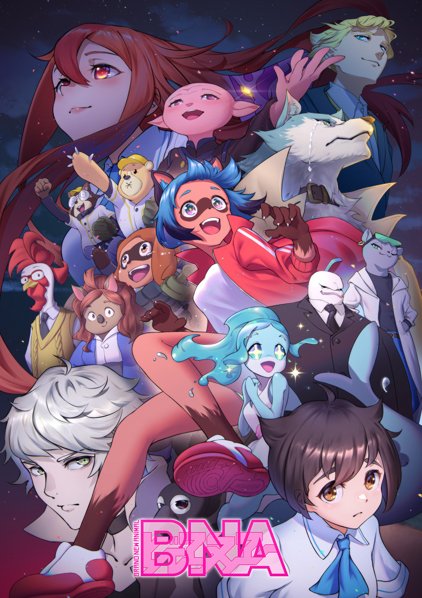 +_+ :d alan_sylvasta alternate_form arai_rascal barbara_rose baseball_hat bear bird blue_hair brand_new_animal brown_eyes brown_hair chicken copyright_name fish formal furry gem_horner grey_eyes hands_in_pockets hands_together highres hiwatashi_nazuna jacket jackie_(bna) juliano_flip kagemori_michiru koala kuro_(bna) labcoat lolittleboy marie_itami melissa_horner mink necktie nina_flip ogami_shirou open_mouth pink_skin red_eyes red_jacket shoes silver_hair smile sneakers suit tears vest winnie_(bna)