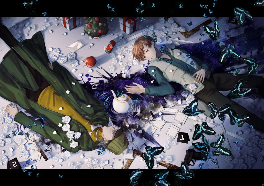 2boys apple black_pants blue_butterfly blue_shirt brown_hair can envelope eye_contact flower food fruit gift green_jacket grey_hair hat highres jacket james_moriarty_(kabukichou_sherlock) kabukichou_sherlock knife letterboxed looking_at_another lying male_focus multiple_boys on_back pants petals ripples sherlock_holmes_(kabukicho_sherlock) shirt soda_can teapot tomoyami vest white_flower yellow_shirt