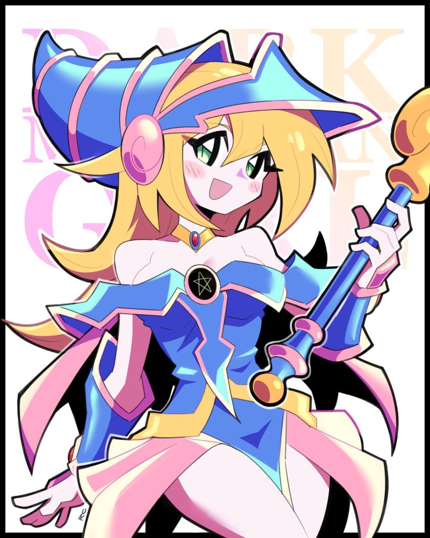 1girl :d artsy-rc bare_shoulders blonde_hair blue_dress blue_headwear blush_stickers bracer breasts cowboy_shot dark_magician_girl dress green_eyes hair_between_eyes hat highres holding large_breasts long_hair looking_at_viewer open_mouth outline pelvic_curtain pentacle signature slit_pupils smile solo wand white_outline yuu-gi-ou