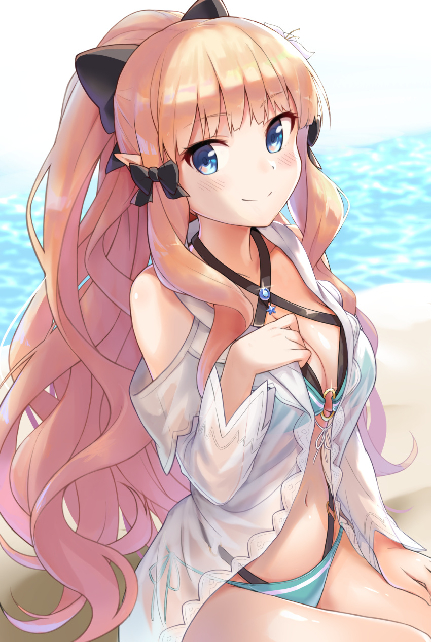 1girl absurdres bangs beach bikini bikini_under_clothes black_bow blonde_hair blue_eyes blunt_bangs blush bow breasts closed_mouth commentary_request eyebrows_visible_through_hair green_bikini hair_bow highres long_hair looking_at_viewer medium_breasts ponytail princess_connect! princess_connect!_re:dive sand saren_(princess_connect!) sitting smile solo swimsuit syuichi