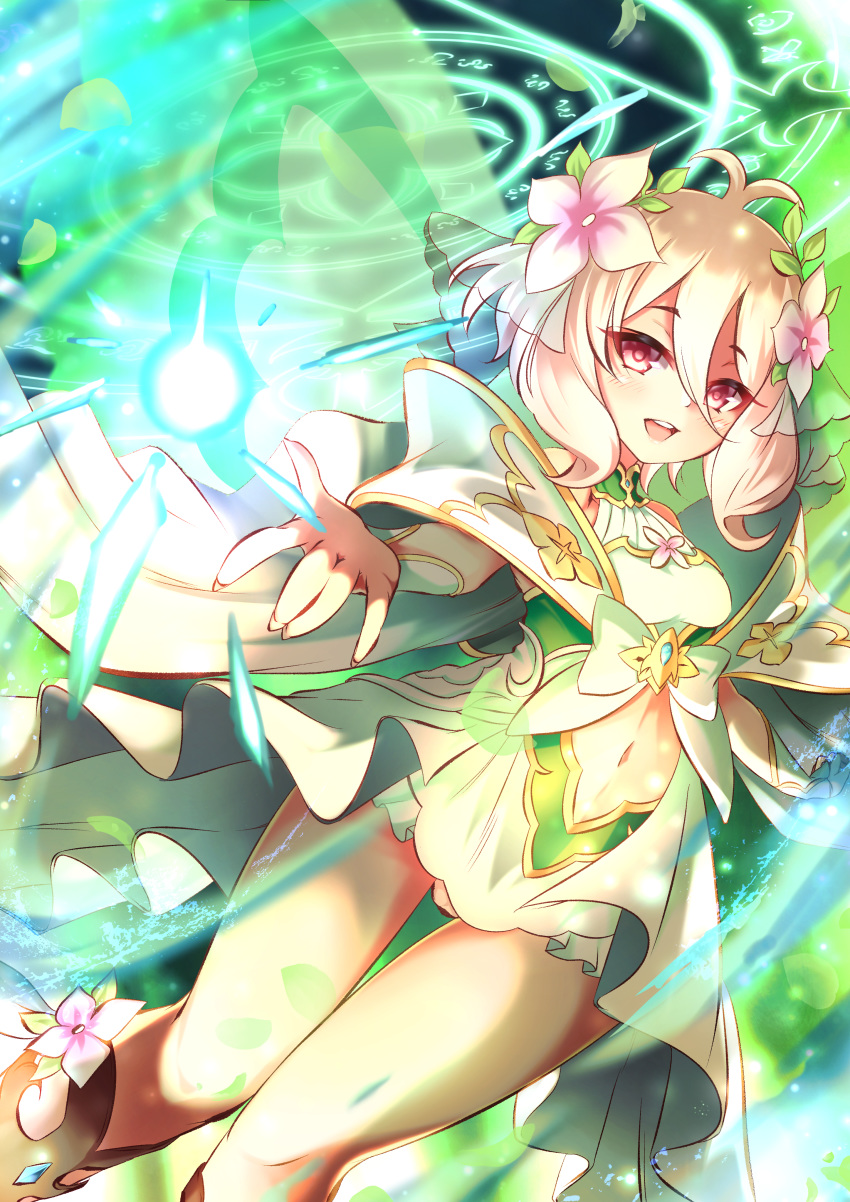 absurdres antenna_hair artist_request bare_shoulders flower hair_between_eyes hair_flower hair_ornament highres kokkoro_(princess_connect!) navel navel_cutout pink_flower princess_connect! princess_connect!_re:dive princess_form_(princess_connect!) sleeveless white_flower