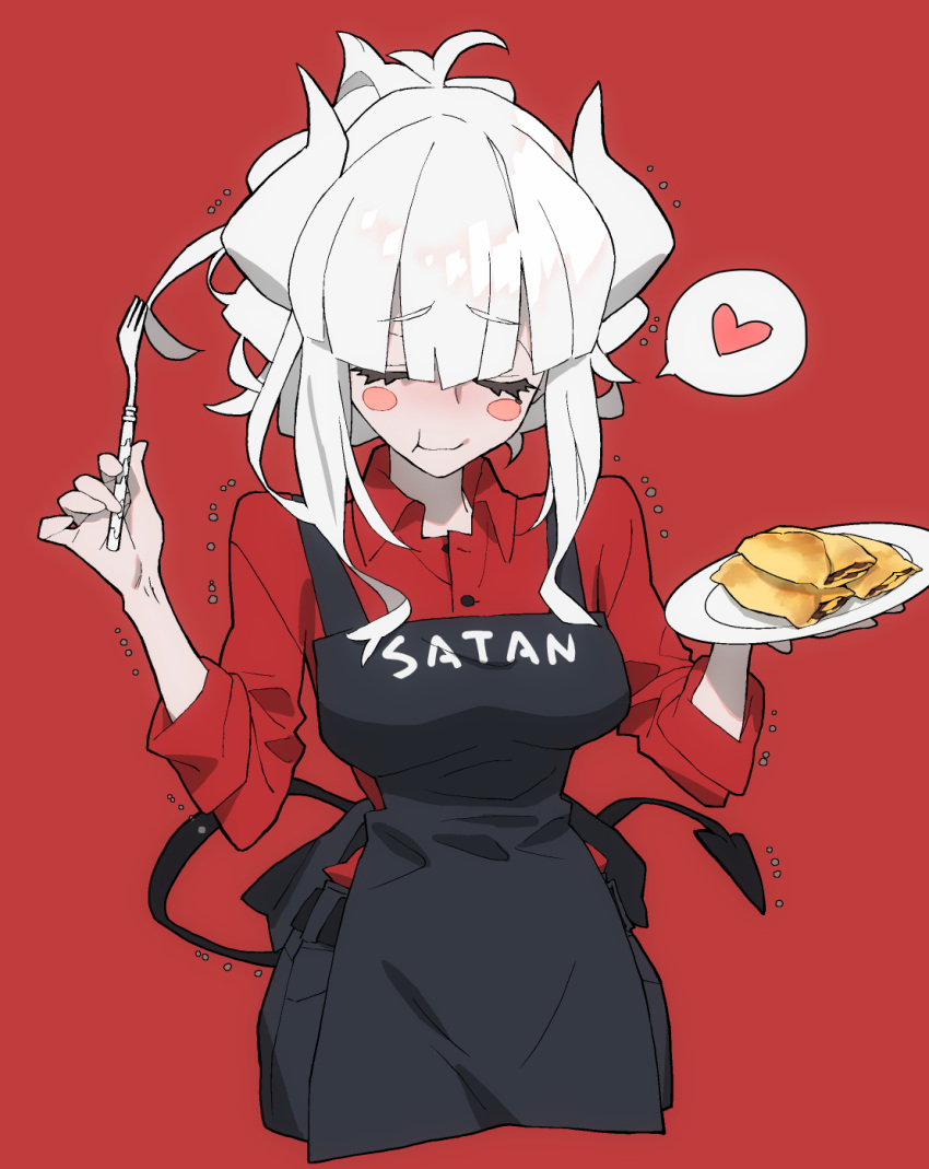 1girl :t alternate_hairstyle apron bangs black_apron black_pants blush_stickers buttons closed_eyes closed_mouth collared_shirt commentary cowboy_shot demon_girl demon_horns demon_tail eating english_text eyebrows_visible_through_hair folded_ponytail food fork hair_up heart helltaker highres holding holding_fork holding_plate horns long_hair lucifer_(helltaker) oomabu_shichirou pancake pants plate red_background red_shirt shirt sidelocks simple_background solo speech_bubble spoken_heart tail white_hair