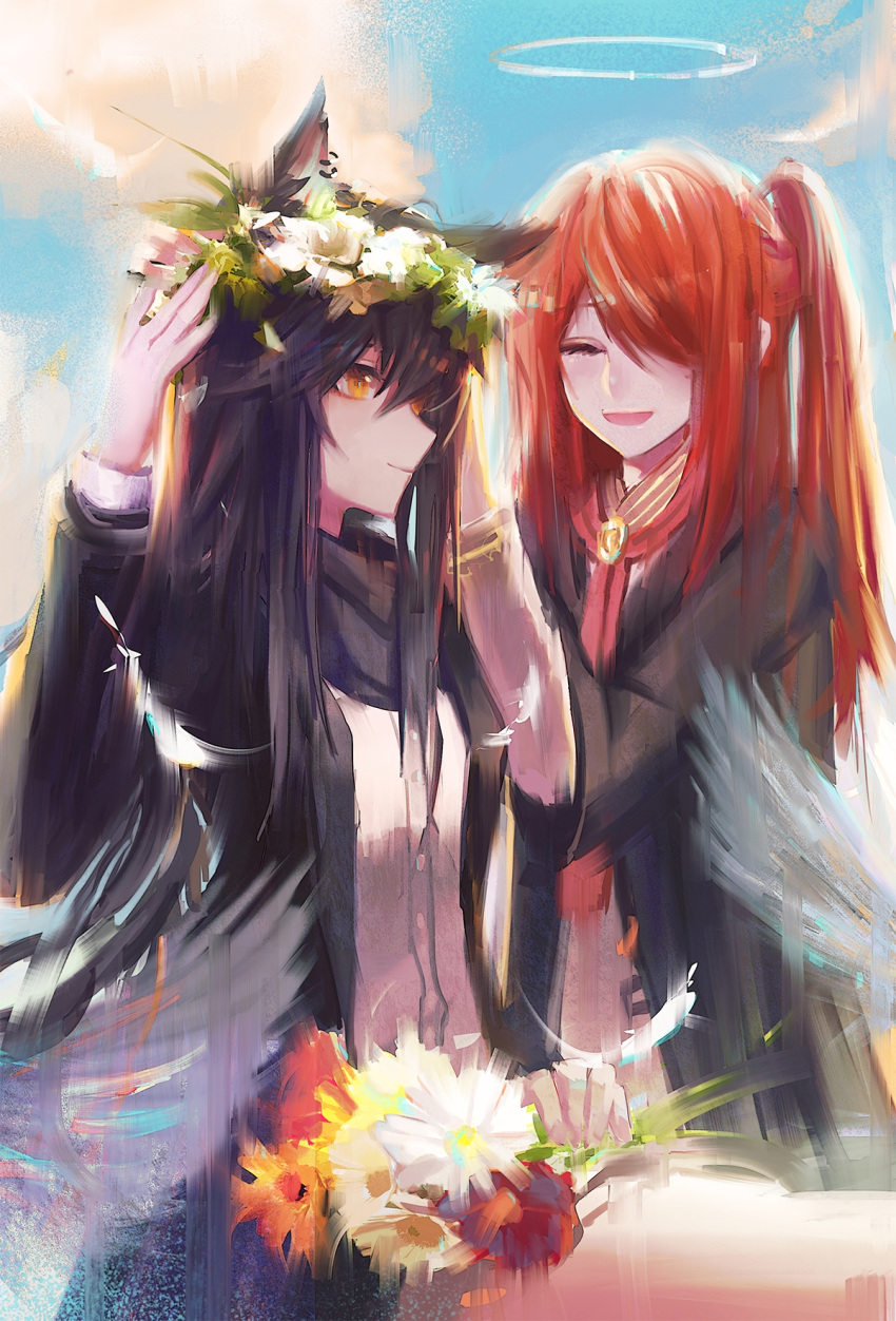 2girls :d ^_^ alternate_costume animal_ears arknights bangs black_hair black_jacket black_robe blue_sky brown_eyes closed_eyes clouds commentary day exusiai_(arknights) flower halo head_wreath highres jacket long_hair long_sleeves looking_at_viewer luren_max multiple_girls one_side_up open_mouth orange_flower outdoors red_neckwear redhead robe shirt sky smile texas_(arknights) white_flower white_shirt wolf_ears