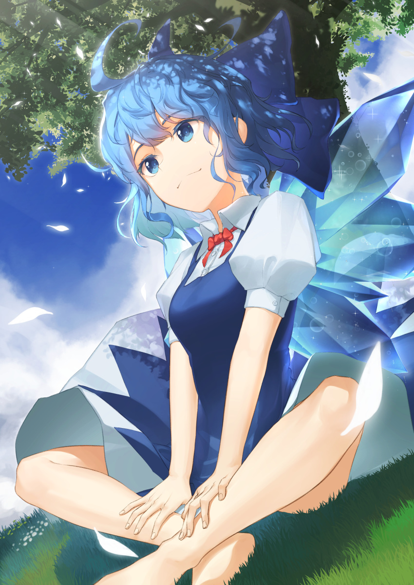 1girl absurdres ahoge barefoot blue_dress blue_eyes blue_hair blue_sky breasts butterfly_sitting cirno clouds commentary_request crazycola dappled_sunlight day dress eyebrows_visible_through_hair from_below grass hair_ribbon hands_on_own_legs highres hill looking_away looking_to_the_side on_grass on_ground outdoors petals pinafore_dress puffy_short_sleeves puffy_sleeves red_neckwear red_ribbon ribbon shirt short_sleeves sitting sky small_breasts smile solo sunlight touhou tree under_tree white_shirt