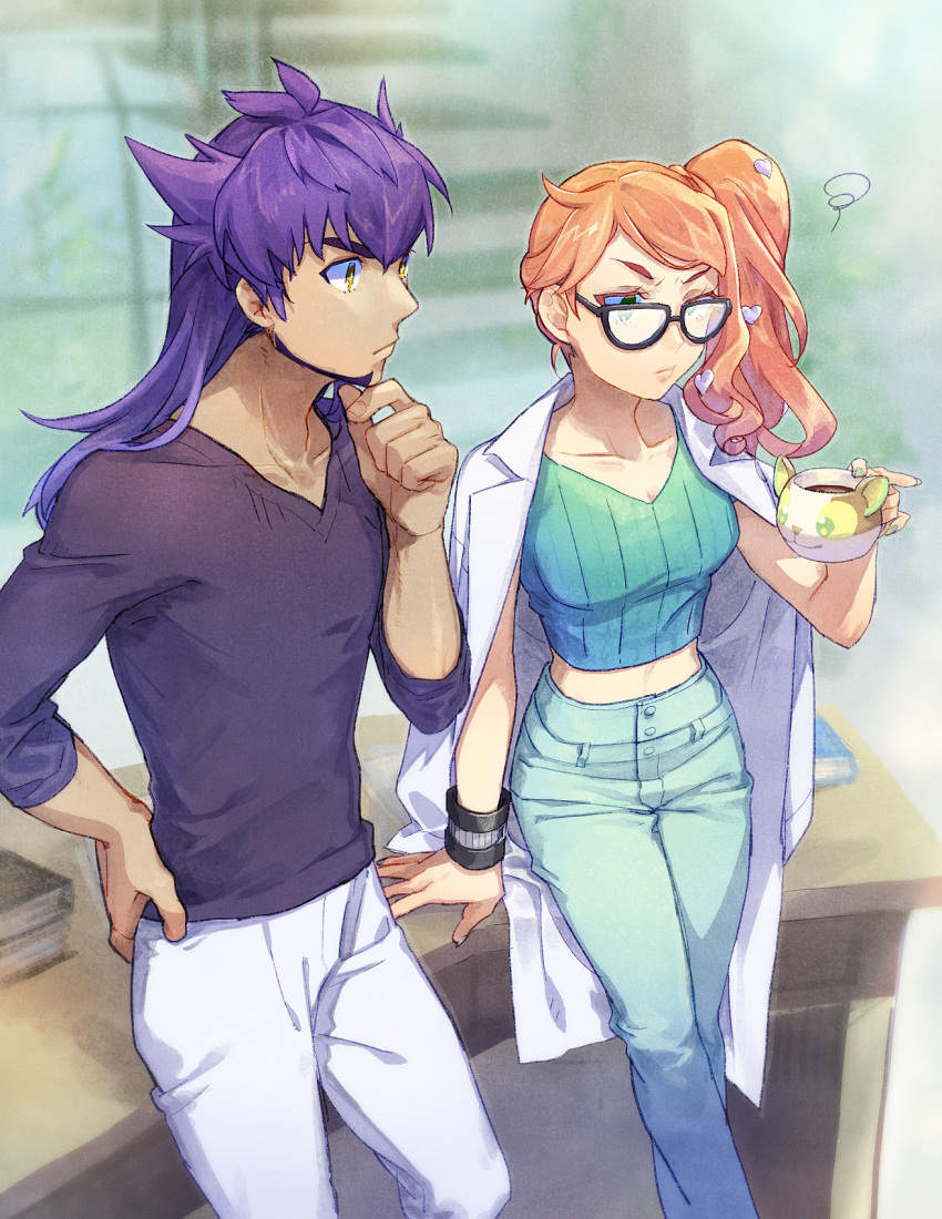 1boy 1girl black-framed_eyewear black_shirt book cup dande_(pokemon) denim desk gen_8_pokemon glasses hair_ornament hand_up heart heart_hair_ornament highres indoors jacket jeans kiri_hinowa long_hair mug navel orange_hair pants pokemon pokemon_(game) pokemon_swsh purple_hair shirt side_ponytail sonia_(pokemon) stairs standing tan violet_eyes white_jacket wristband yamper