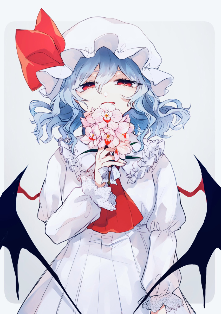 1girl bat_wings blue_hair bouquet commentary_request dress flower hand_up hat hat_ribbon highres holding holding_bouquet katai_(nekoneko0720) long_sleeves looking_at_viewer medium_hair mob_cap open_mouth red_eyes red_neckwear red_ribbon remilia_scarlet ribbon smile solo touhou wavy_hair white_background white_dress white_headwear wings