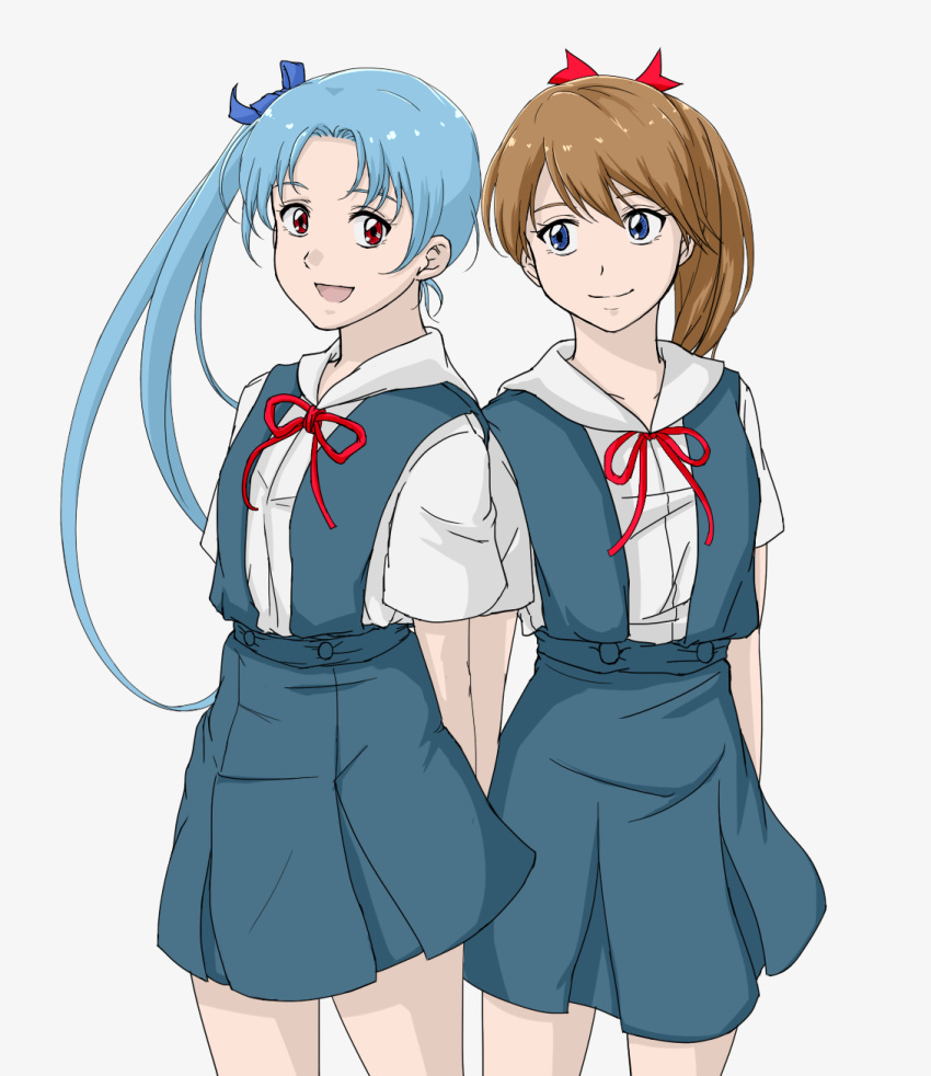 2girls :d ayanami_(kantai_collection) ayanami_rei ayanami_rei_(cosplay) blue_eyes brown_hair cosplay cowboy_shot highres kantai_collection light_blue_hair looking_at_viewer multiple_girls neon_genesis_evangelion open_mouth ponytail red_eyes school_uniform shikinami_(kantai_collection) shikinami_asuka_langley shikinami_asuka_langley_(cosplay) side_ponytail simple_background smile souryuu_asuka_langley sozan white_background