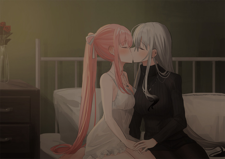 2girls bangs bare_arms bare_shoulders black_legwear black_shorts black_sweater blush breasts chihuri closed_eyes commentary_request dress eyebrows_visible_through_hair facing_another flower grey_hair hair_between_eyes hair_ribbon highres indoors jewelry kiss legwear_under_shorts long_hair long_sleeves medium_breasts multiple_girls nightstand on_bed original pantyhose pendant pillow pink_hair ponytail profile red_flower red_rose ribbed_sweater ribbon rose short_shorts shorts sitting sleeveless sleeveless_dress sweater turtleneck turtleneck_sweater vase very_long_hair white_dress white_ribbon yana_(chihuri) yuri zoya_petrovna_vecheslova