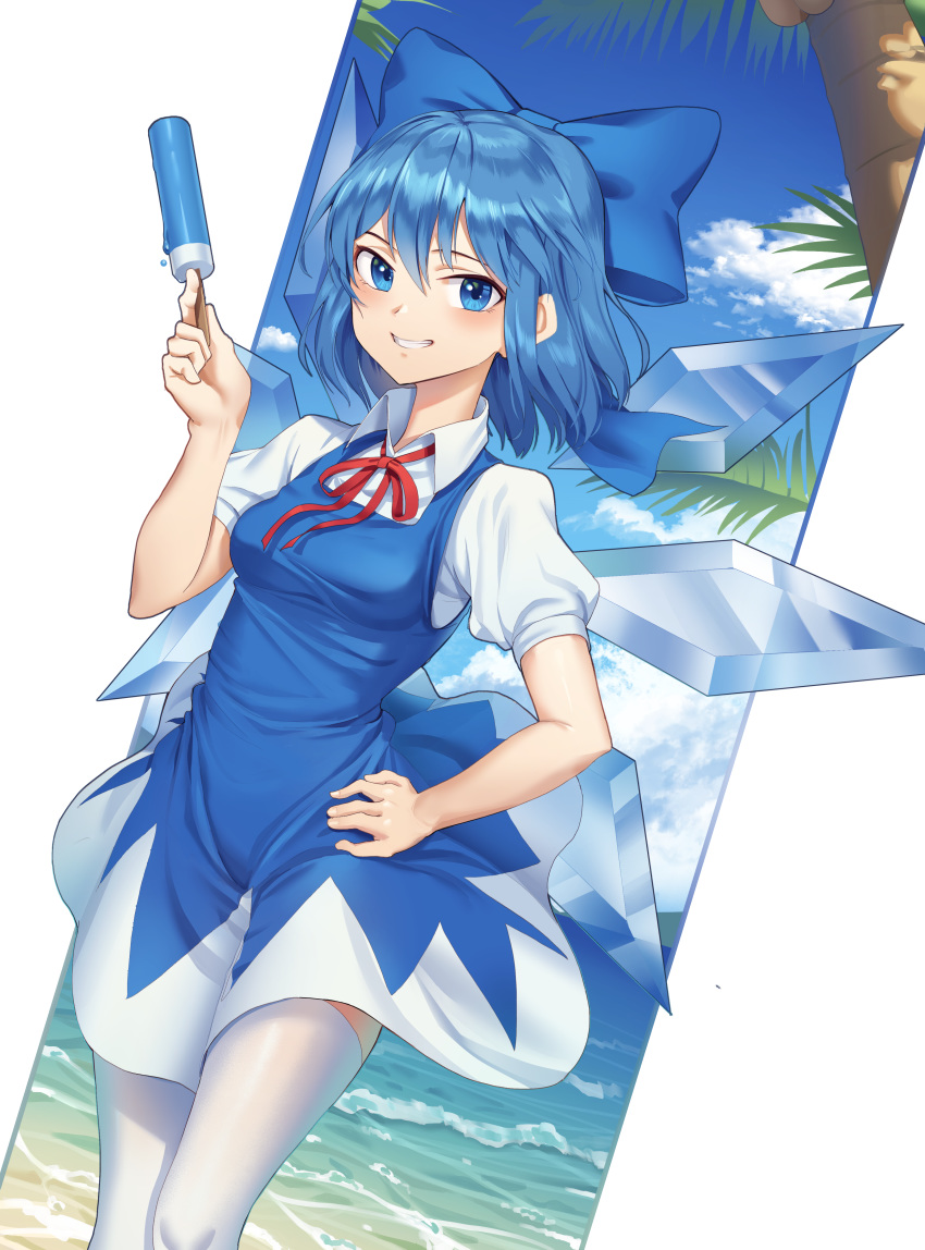 1girl absurdres bangs blue_bow blue_dress blue_eyes blue_hair bow breasts cirno collared_shirt commentary_request day dress eyebrows_visible_through_hair food goback hair_between_eyes hair_bow hand_on_hip highres holding holding_food ice_cream medium_breasts neck_ribbon palm_tree puffy_short_sleeves puffy_sleeves red_ribbon ribbon shirt short_sleeves sleeveless sleeveless_dress solo standing thigh-highs touhou tree water white_legwear white_shirt