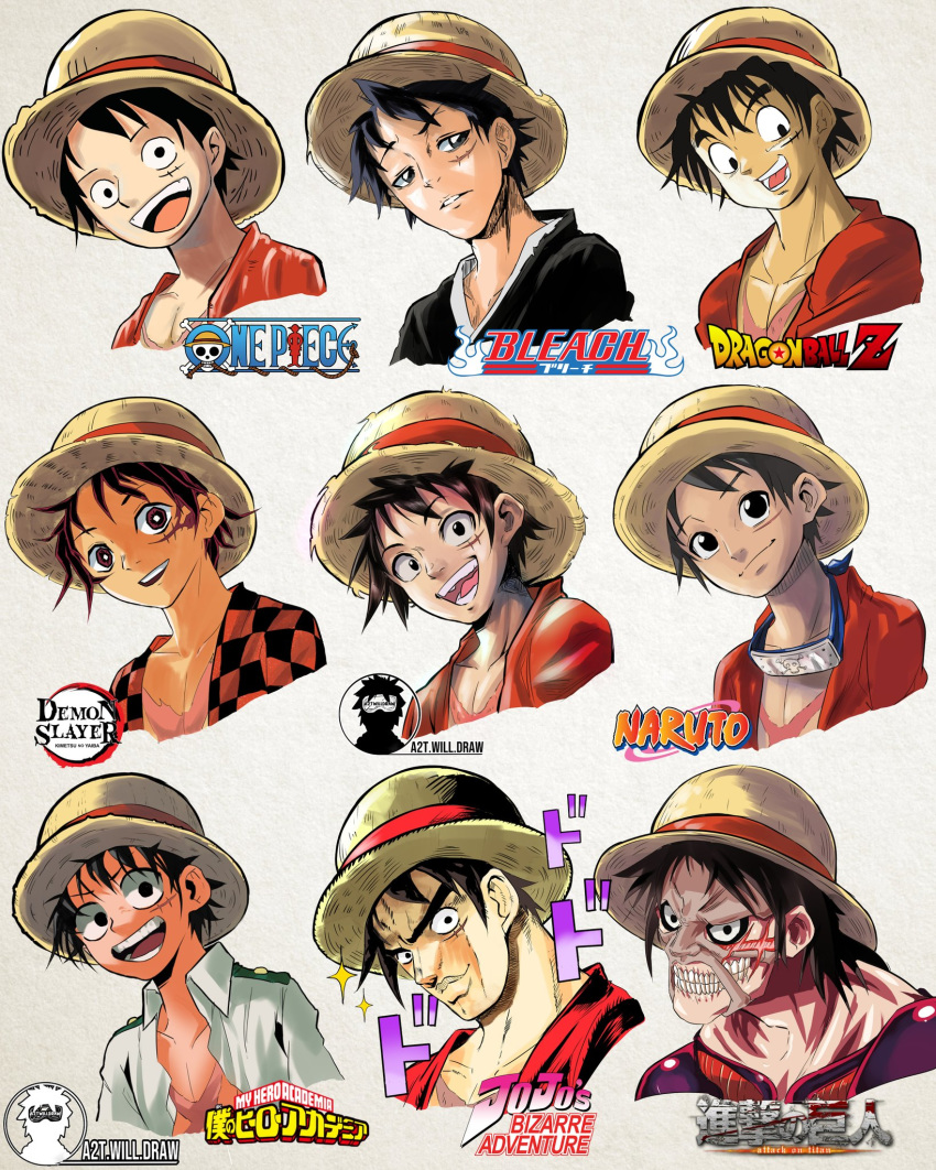 1boy a2twilldraw araki_hirohiko_(style) black_eyes black_hair bleach boku_no_hero_academia closed_mouth death_note dragon_ball dragon_ball_z facial_scar gotouge_koyoharu_(style) hat highres horikoshi_kouhei_(style) isayama_hajime_(style) jojo_no_kimyou_na_bouken kimetsu_no_yaiba kishimoto_masashi_(style) kubo_taito_(style) lips looking_at_viewer monkey_d_luffy multiple_views naruto_(series) oda_eiichirou_(style) one_piece open_mouth parody parted_lips scar scar_on_cheek shingeki_no_kyojin short_hair smile straw_hat style_parody teeth titan_(shingeki_no_kyojin) toriyama_akira_(style) upper_body