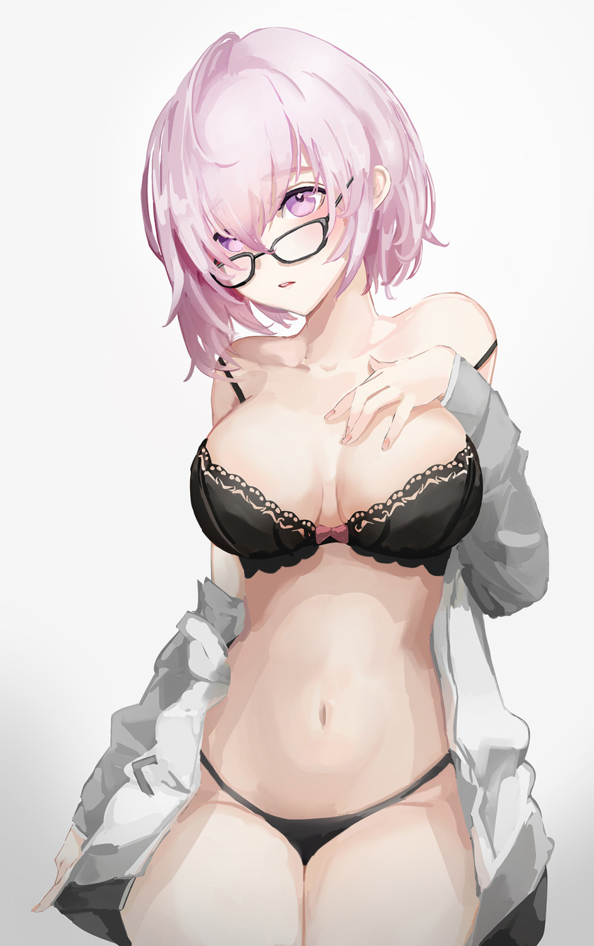 1girl black_bra black_panties bra breasts collarbone eyebrows_visible_through_hair fate/grand_order fate_(series) glasses grey_jacket hair_between_eyes hand_on_breast hand_on_lap highres jacket jacket_on_shoulders lielac looking_at_viewer mash_kyrielight medium_breasts navel open_mouth panties pink_eyes pink_hair seiza short_hair sitting solo stomach underwear white_background