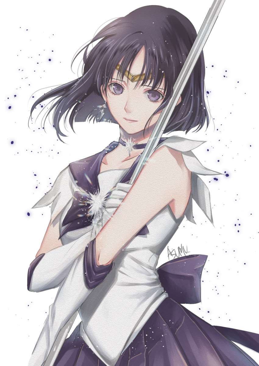 1girl back_bow bishoujo_senshi_sailor_moon black_hair bow choker circlet closed_mouth collarbone elbow_gloves floating_hair gloves highres holding light_smile matsumotoasumu pleated_skirt purple_bow purple_sailor_collar purple_skirt sailor_collar sailor_saturn sailor_senshi_uniform sailor_shirt shiny shiny_hair shirt short_hair signature skirt sleeveless sleeveless_shirt solo standing tomoe_hotaru violet_eyes white_background white_gloves white_shirt