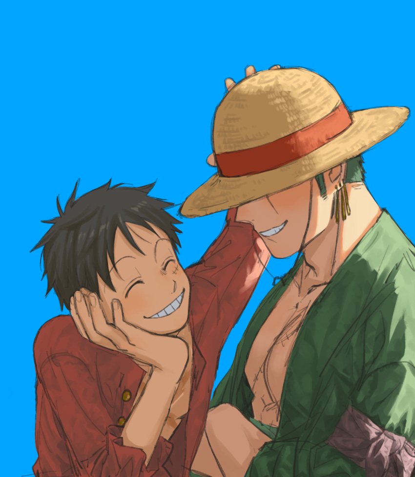 2boys 4myaku1 abs absurdres black_hair blue_background blush chest chest_scar covered_eyes crossed_arms earrings eyebrows_visible_through_hair green_hair green_kimono hand_on_headwear hat highres japanese_clothes jewelry kimono male_focus monkey_d_luffy multiple_boys muscle one_piece open_clothes open_kimono open_shirt red_shirt roronoa_zoro scar scar_across_eye shirt sketch smile straw_hat toned toned_male upper_body