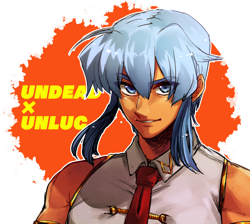 1boy armlet blue_eyes blue_hair chinese_clothes copyright_name hair_between_eyes highres looking_at_viewer male_focus necktie orange_background red_neckwear shen_(undead_unluck) sidelocks smile solo tontoro_(toropig-thunder) undead_unluck upper_body