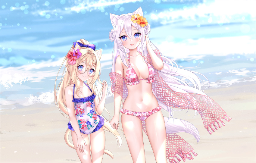 2girls :d animal_ear_fluff animal_ears artist_name bangs bare_arms bare_shoulders beach bikini blonde_hair blue_bow blue_eyes blurry blurry_background blush bow braid breasts casual_one-piece_swimsuit cat_ears cat_girl cat_tail closed_mouth collarbone commentary_request day depth_of_field double_bun eyebrows_visible_through_hair floral_print flower frilled_bikini frilled_swimsuit frills fringe_trim glasses hagoromo hair_between_eyes hair_bow hair_flower hair_ornament hand_up highres long_hair medium_breasts multiple_girls natsumii_chan navel one-piece_swimsuit open_mouth orange_flower original outdoors pink_bikini print_bikini print_swimsuit round_eyewear sand shawl silver_hair smile standing swimsuit tail very_long_hair water waves white_swimsuit