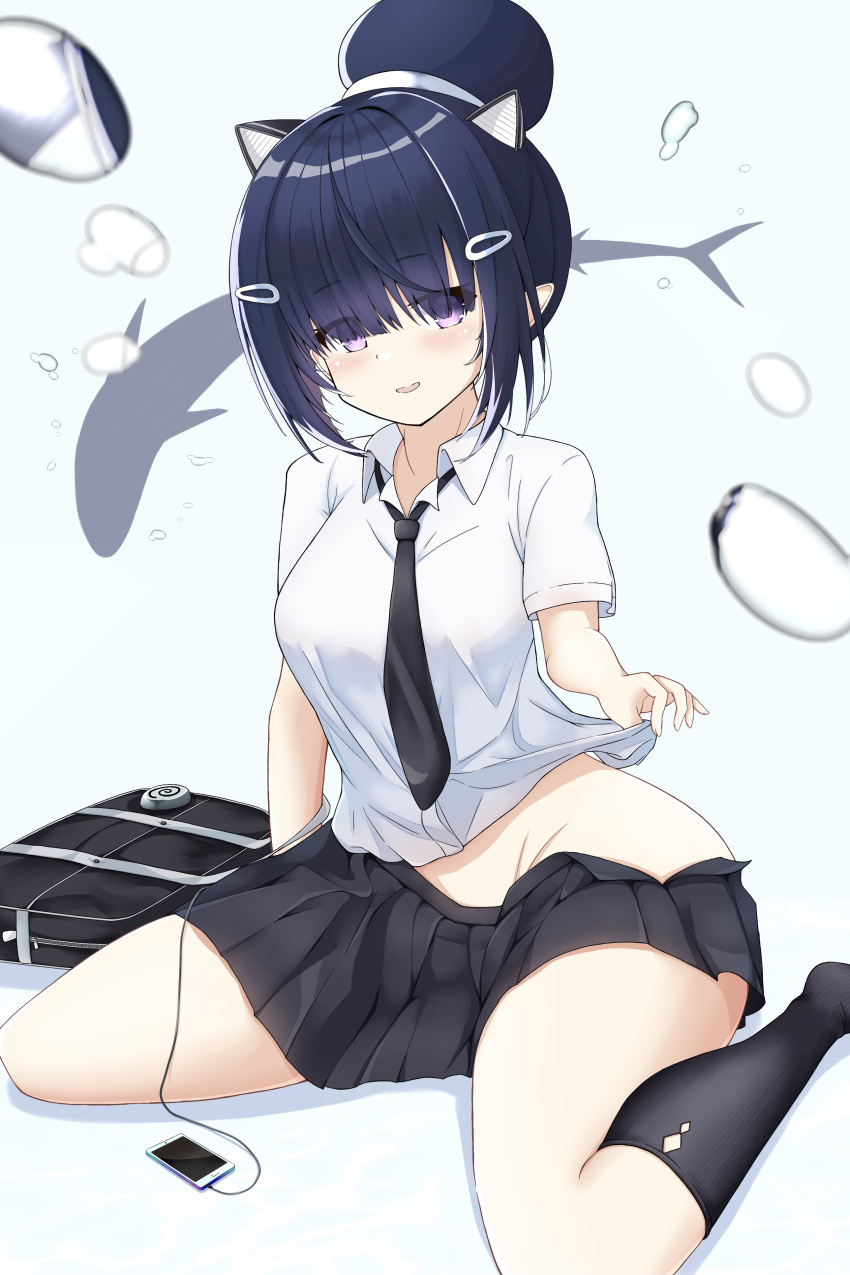 1girl absurdres animal_ears azur_lane bag bangs black_legwear black_neckwear black_skirt breasts clothes_lift collared_shirt commentary_request digital_media_player fake_animal_ears hair_bun hair_over_eyes highres i-56_(azur_lane) i-56_(wallflower_in_the_corner)_(azur_lane) ipod lifted_by_self looking_at_viewer medium_breasts necktie no_panties open_mouth pleated_skirt pointy_ears school_bag school_uniform serafuku shark shirt shirt_lift short_sleeves silhouette sitting skirt smile socks solo user_stwc7238 violet_eyes wariza white_shirt