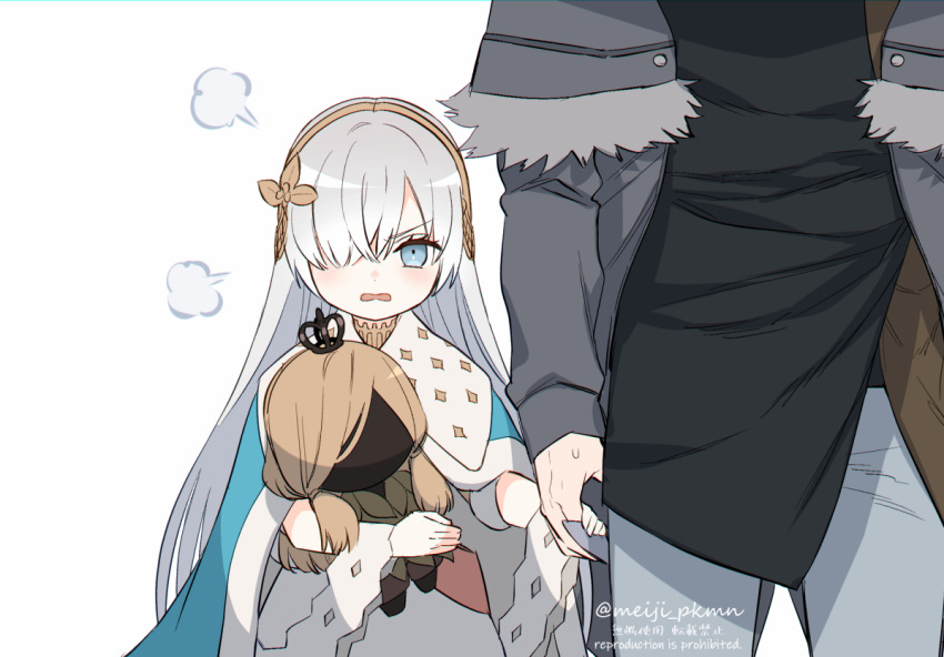 1boy 1girl anastasia_(fate/grand_order) blue_cape blue_cloak brown_hairband brown_ribbon cape cloak doll fate/grand_order fate_(series) fur-trimmed_jacket fur_trim hair_over_one_eye hairband holding holding_doll holding_hand jacket kadoc_zemlupus long_hair long_sleeves looking_at_another looking_at_viewer meiji_ken out_of_frame ribbon royal_robe silver_hair yellow_hairband younger
