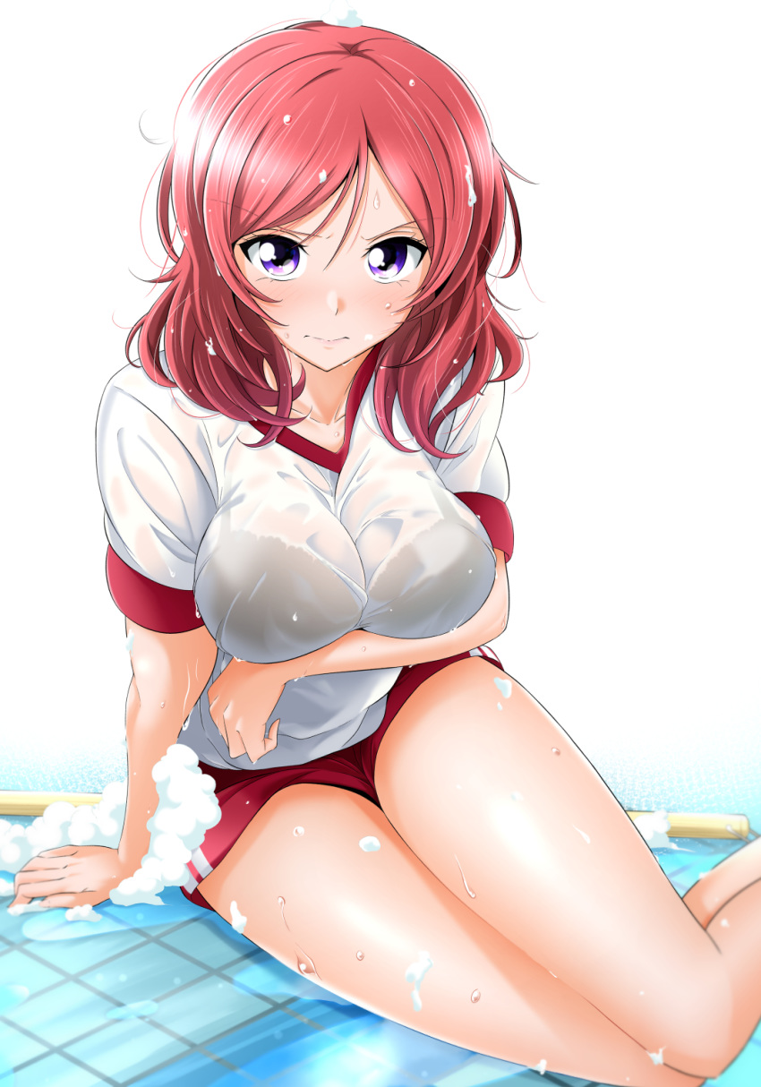 1girl arm_support breasts buruma closed_mouth collarbone commentary_request eyebrows_visible_through_hair foam gym_uniform highres kirisaki_reina large_breasts love_live! love_live!_school_idol_project nishikino_maki red_buruma redhead short_hair short_sleeves simple_background solo thighs violet_eyes wet wet_clothes wet_hair white_background