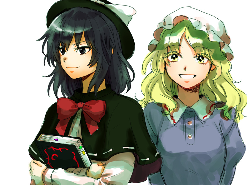 2girls bangs black_capelet black_eyes black_hair black_headwear blonde_hair book bow bowtie breasts capelet closed_mouth commentary_request dress eyebrows_visible_through_hair grin hat hat_bow holding holding_book juliet_sleeves kuya_(hey36253625) long_hair long_sleeves looking_ahead looking_at_viewer maribel_hearn medium_breasts medium_hair mob_cap multiple_girls parted_bangs puffy_sleeves purple_dress red_bow red_neckwear shirt simple_background smile touhou upper_body usami_renko white_background white_bow white_headwear white_shirt yellow_eyes