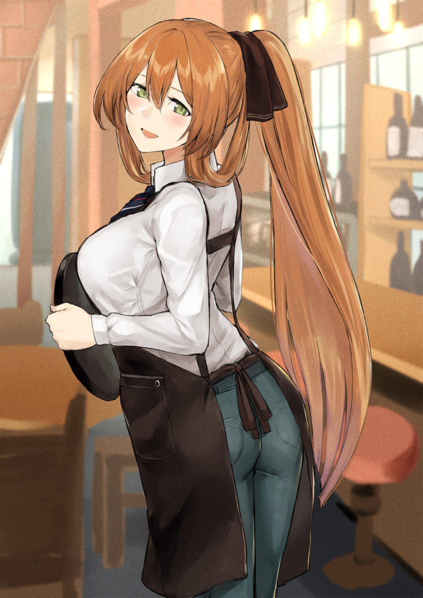 :d alternate_costume apron ass blush bow breasts brown_apron brown_bow brown_hair from_side girls_frontline green_eyes green_pants hair_between_eyes hair_bow hair_rings highres holding holding_tray large_breasts long_hair m1903_springfield_(girls_frontline) open_mouth pants poco_(backboa) ponytail shirt sidelocks smile tray very_long_hair waiter white_shirt