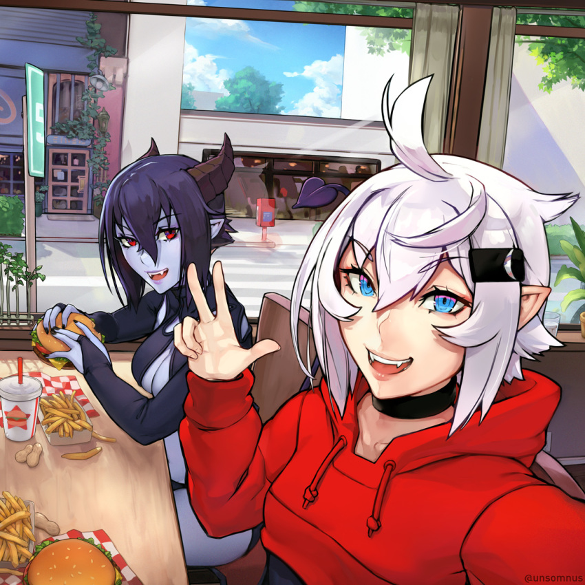 2girls bangs black_hair black_nails black_skin blue_eyes breasts bridal_gauntlets choker cleavage_cutout evelyn_(unsomnus) eyebrows_visible_through_hair fangs fast_food food french_fries hair_between_eyes hamburger holding holding_food hood hood_down hoodie horns looking_at_viewer luna_(unsomnus) medium_breasts multiple_girls open_mouth original pointy_ears red_eyes restaurant short_hair unsomnus v vampire white_hair