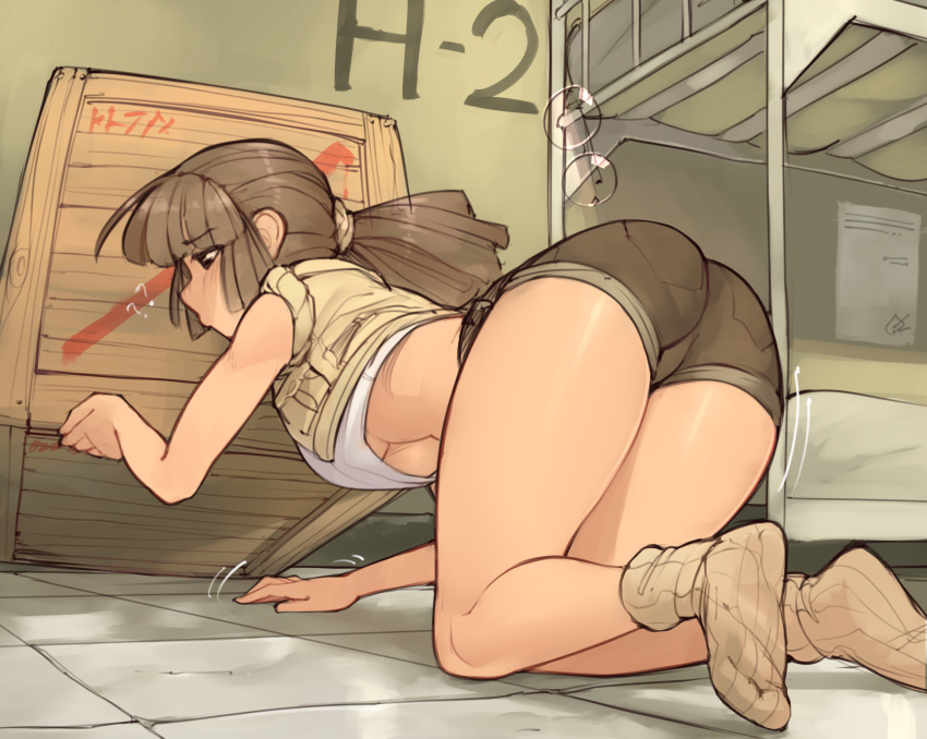 1girl ? all_fours ass bangs bed blush box breasts brown_hair brown_legwear brown_shorts bunk_bed crate crop_top crop_top_overhang cropped_jacket english_commentary eyebrows_visible_through_hair eyewear_removed fio_germi from_behind full_body glasses green_jacket hair_tie half-closed_eyes hand_up highres indoors jacket large_breasts legs lifting long_hair looking_down metal_slug midriff motion_lines no_shoes on_floor paper ponytail round_eyewear searching shiny shiny_hair shiny_skin shirt short_shorts shorts sidelocks sleeveless sleeveless_shirt sleeves_rolled_up socks solo tied_hair tile_floor tiles under_boob upshirt wamudraws white_shirt