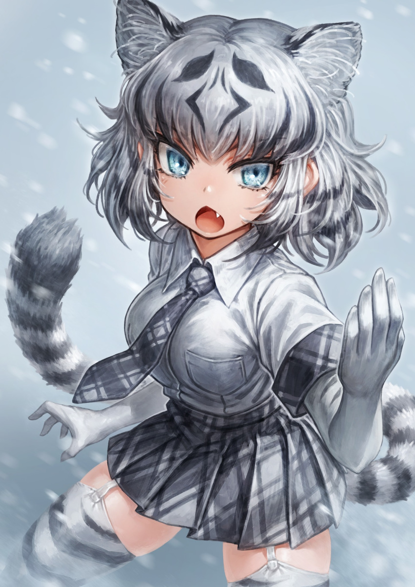 1girl :o animal_ear_fluff animal_ears animal_print bangs black_hair blue_eyes breast_pocket chestnut_mouth commentary elbow_gloves extra_ears fang garter_straps gloves hand_up highres kemono_friends lain medium_hair multicolored_hair necktie open_mouth plaid plaid_neckwear plaid_skirt plaid_trim pleated_skirt pocket print_legwear shirt short_sleeves skirt snow snowing solo striped_tail tail thigh-highs tiger_ears tiger_print tiger_tail two-tone_hair v-shaped_eyebrows white_gloves white_hair white_shirt white_tiger_(kemono_friends)